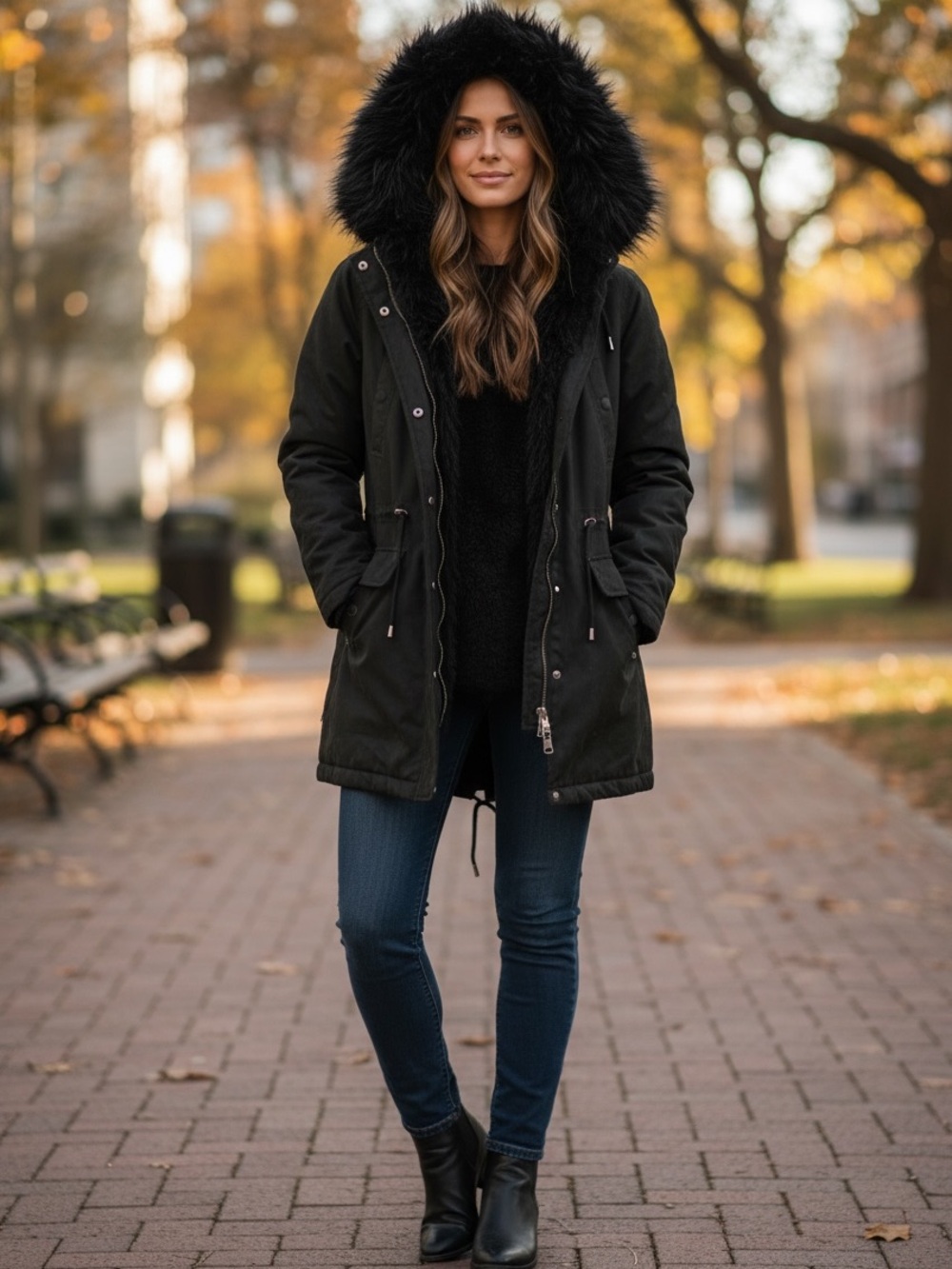 American Eagle Outfitters Black Faux-Fur Hood Utility Parka
